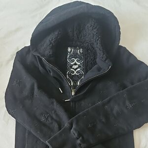 Fox Eiders Company . Black Embroidered Hoodie  Sherpa Lined